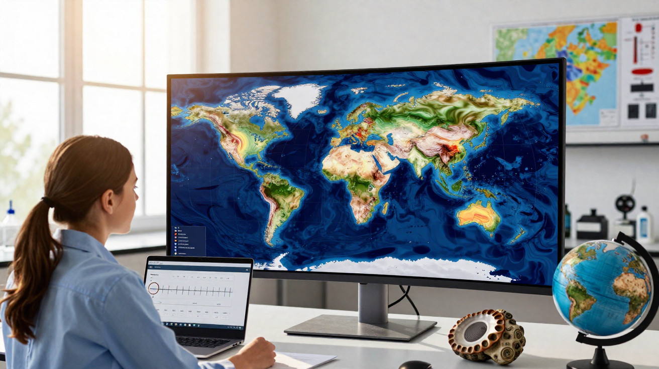 Pessoa a trabalhar num laboratório com mapa-múndi digital num ecrã amplo e globo terrestre na mesa.