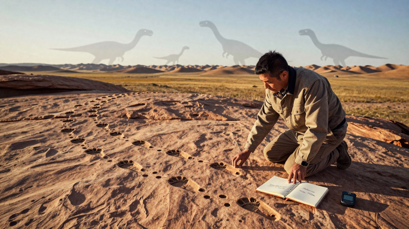 Homem a analisar pegadas de dinossauros fósseis num terreno rochoso, com desertos ao fundo.