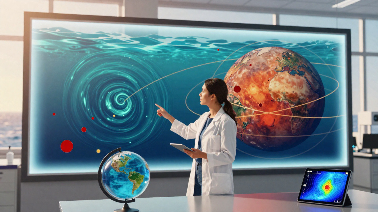 Cientista num laboratório a analisar simulação de planeta e buraco negro numa tela digital futurista.
