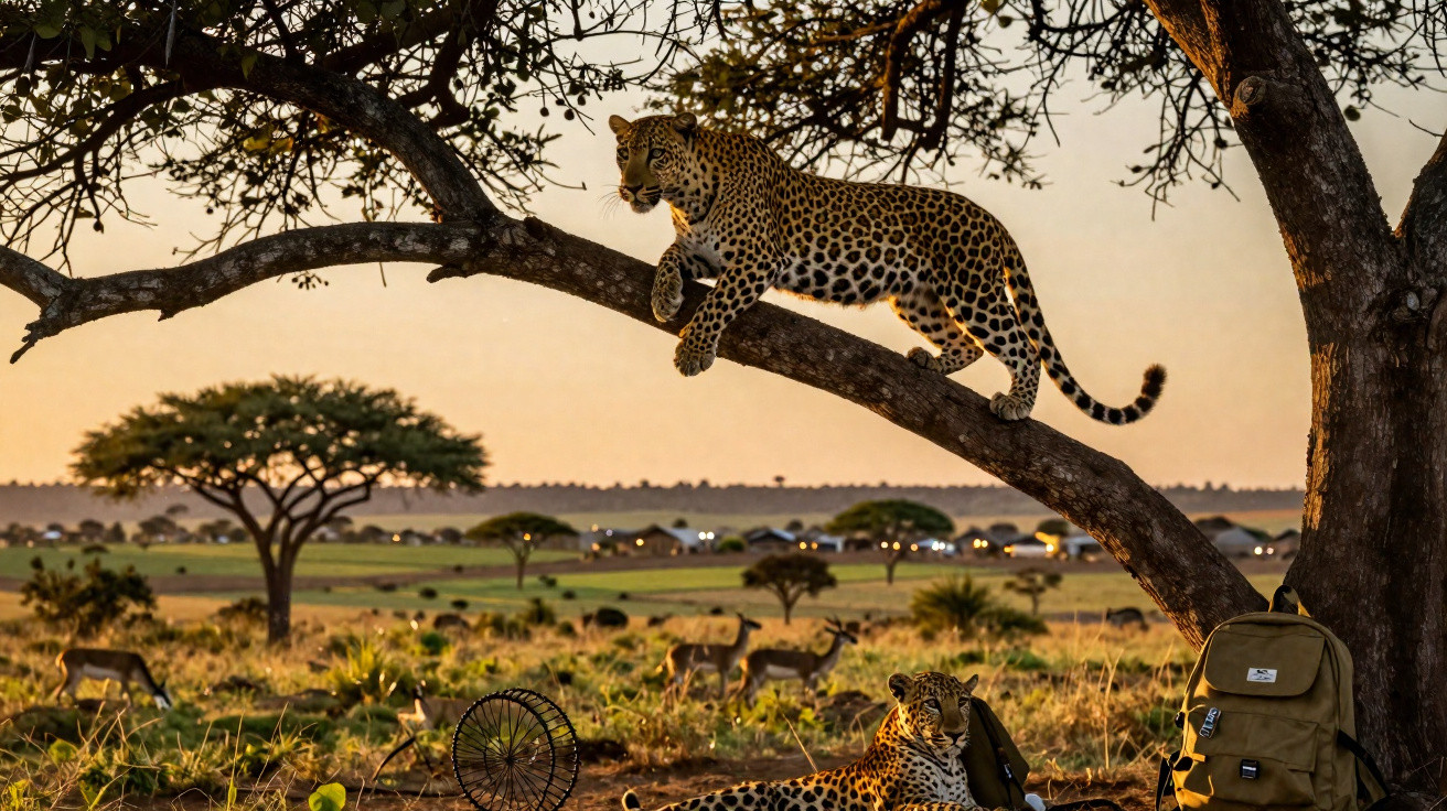 Leopardo deitado e outro numa árvore numa savana ao pôr do sol com mochilas e animais ao fundo.