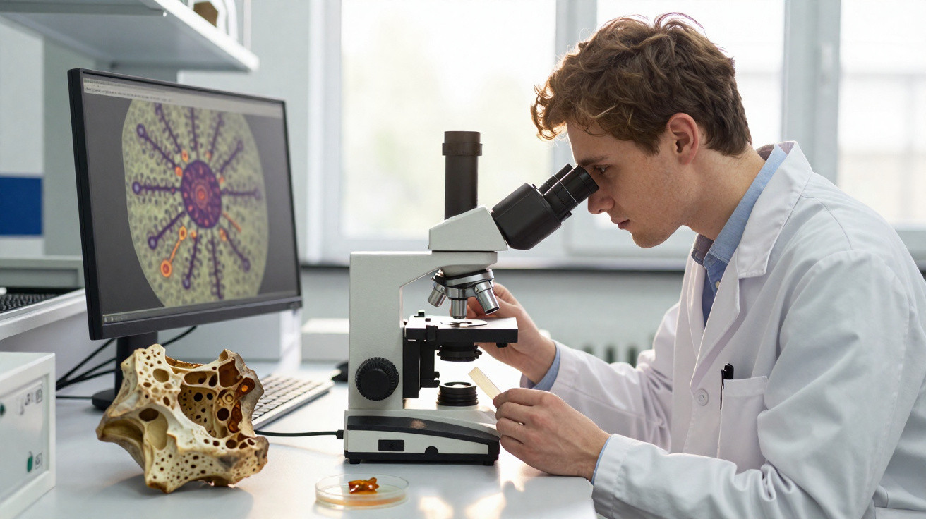 Jovem cientista em bata branca observa amostra ao microscópio, com monitor e estrutura óssea na bancada.