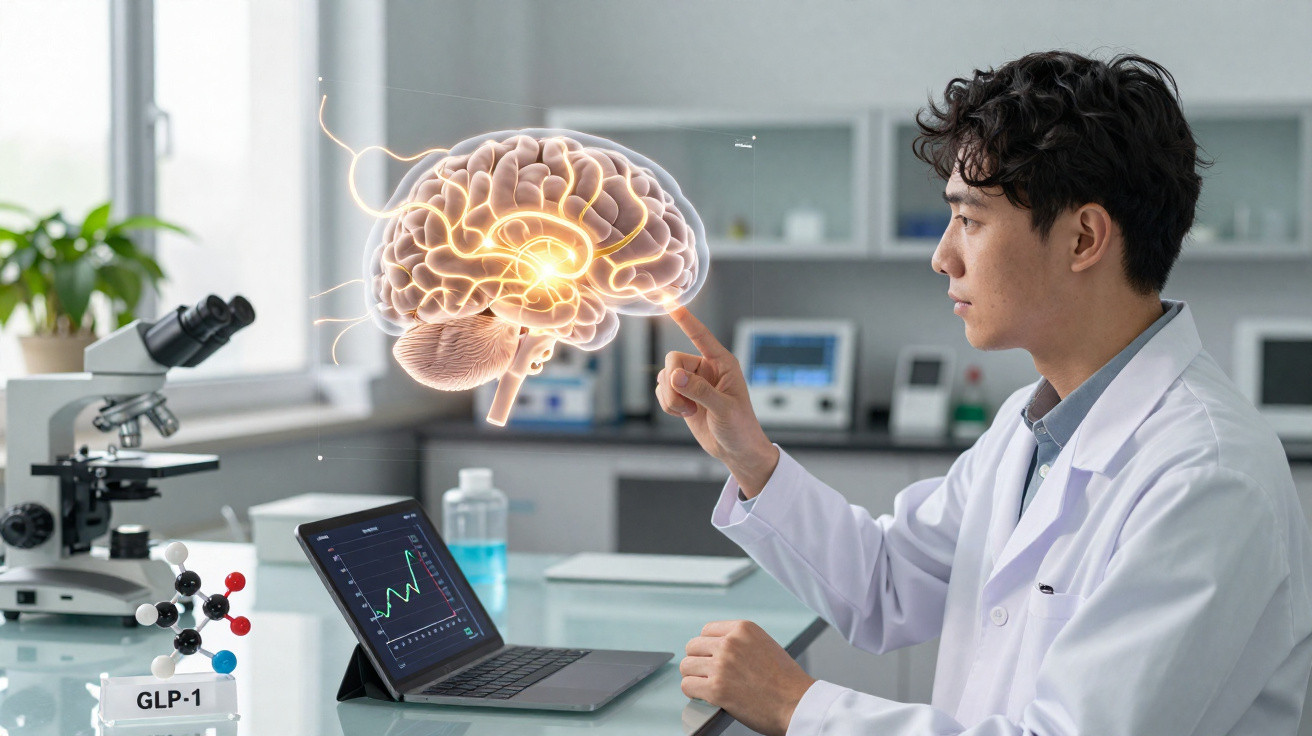 Cientista em laboratório interage com modelo digital iluminado do cérebro humano ao lado de análises num portátil.