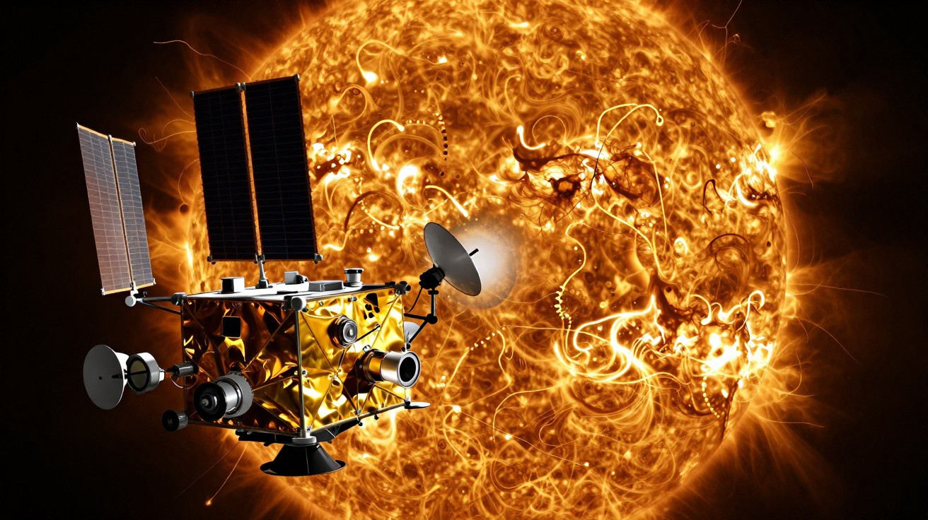 Sonda espacial dourada com painéis solares na frente do sol brilhante com atividade solar intensa.