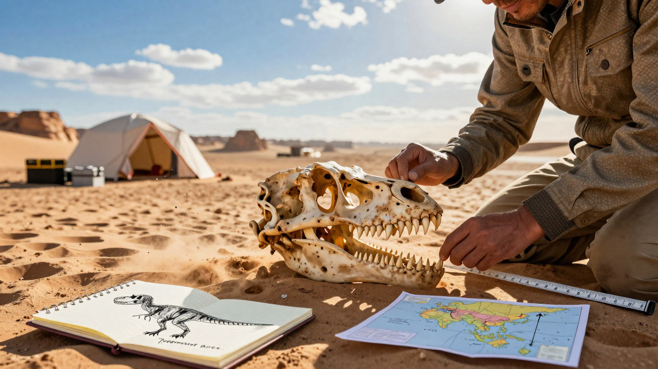 Investigador mede crânio de dinossauro no deserto com tenda, mapa e livro de esqueleto ao lado.