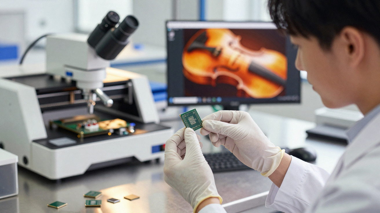 Pessoa com luvas a analisar um chip eletrónico num laboratório tecnológico com microscópio e computador.
