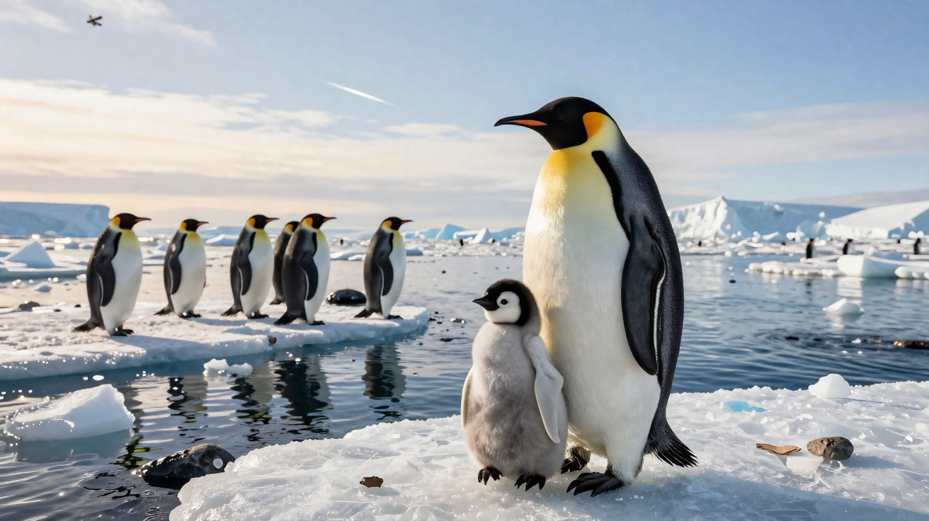 Pinguim adulto e pinguim bebé em gelo com grupo de pinguins e icebergues ao fundo.