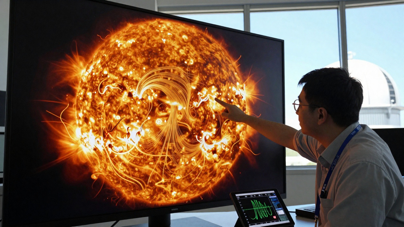 Pessoa analisa imagem digital do Sol com linhas magnéticas num ecrã grande em ambiente de laboratório.