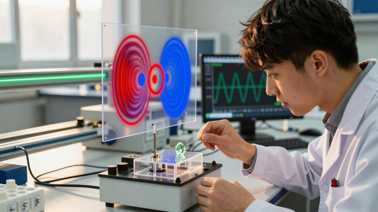 Cientista em laboratório ajusta aparelho com visualização gráfica de ondas vermelhas e azuis.
