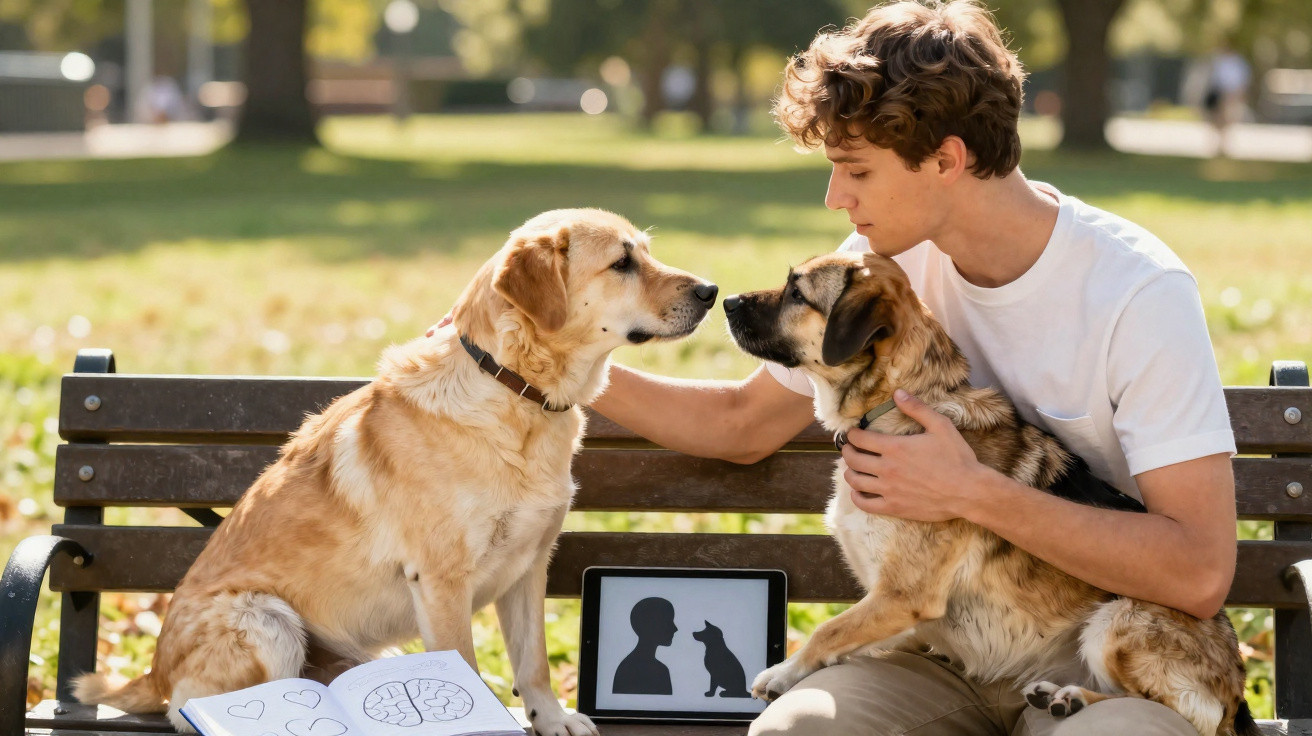 Jovem sentado num banco no parque, com dois cães, mostrando-lhes uma ilustração num tablet.