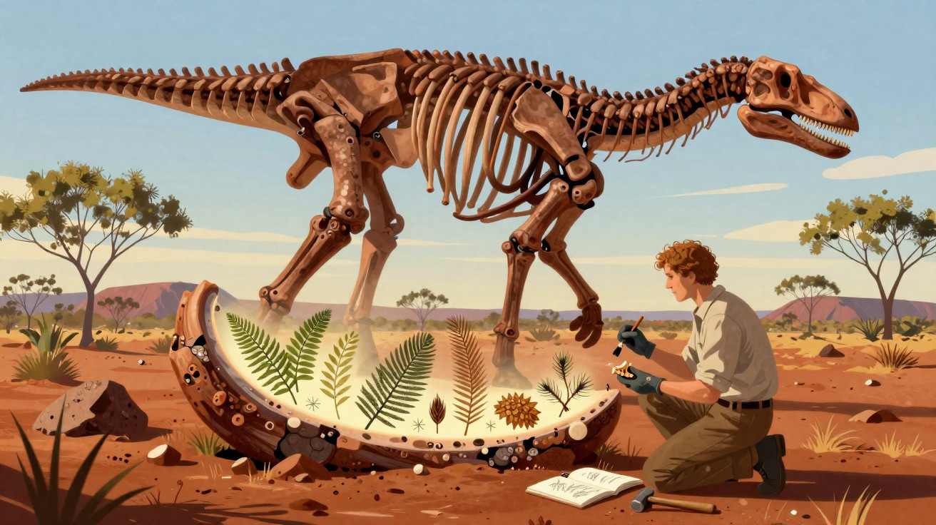 Homem estuda plantas dentro de uma concha gigante com esqueleto de dinossauro ao fundo num deserto.