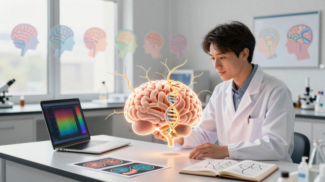 Cientista em laboratório observa modelo digital de cérebro com DNA, computador e livros em ambiente científico.