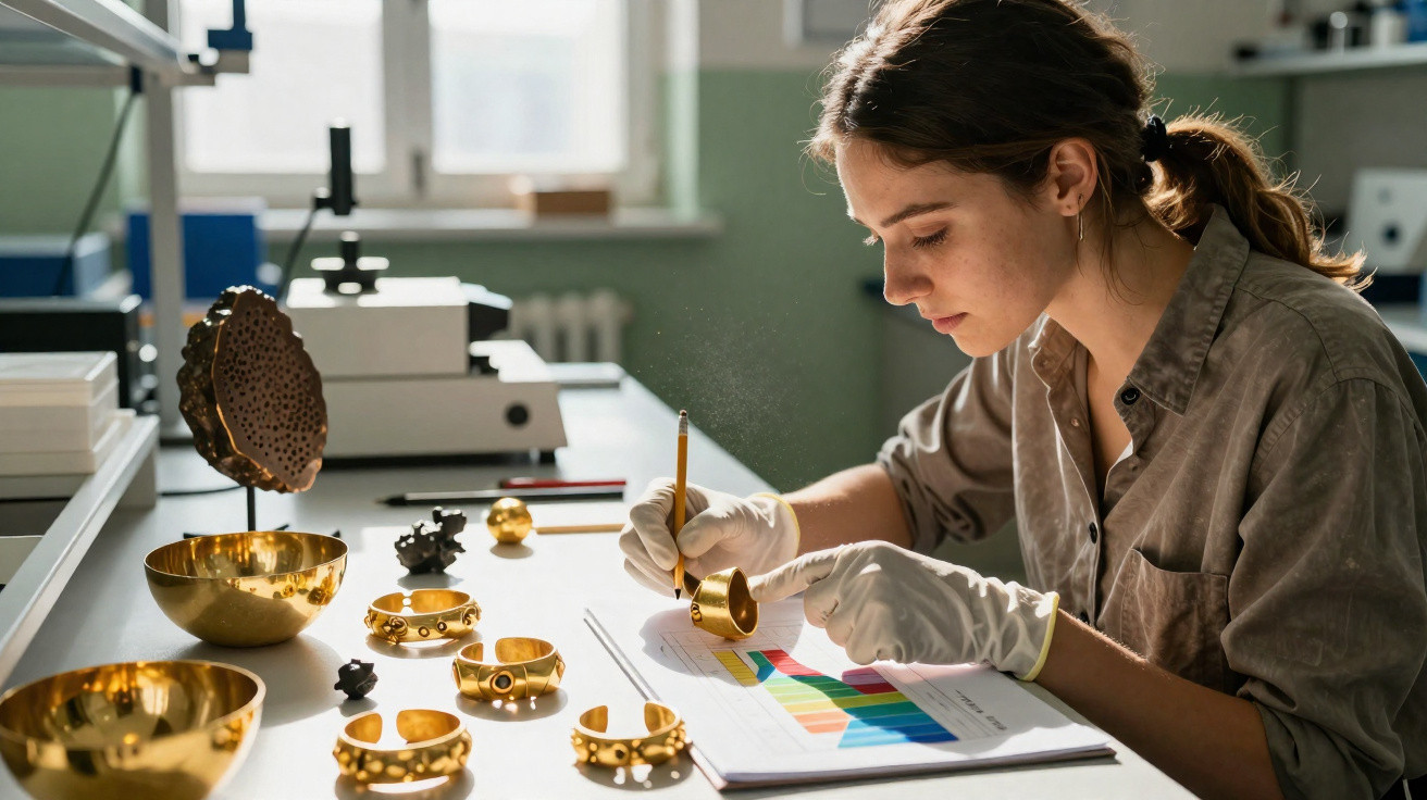 Mulher com luvas analisa e pinta objetos dourados numa mesa de laboratório iluminada por luz natural.