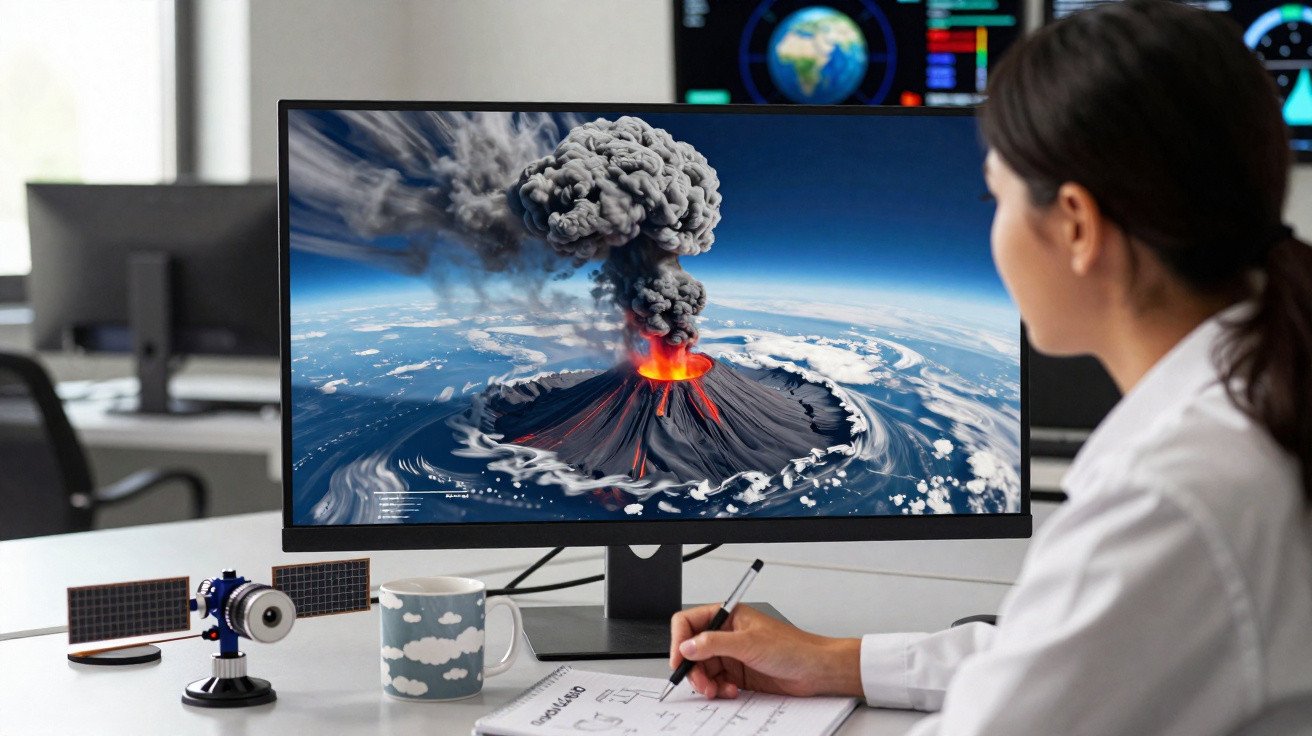 Mulher num escritório a observar e anotar dados de uma erupção vulcânica em ecrã de computador.