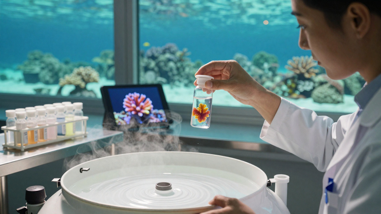 Cientista a estudar amostra de coral em laboratório com tanque marinho ao fundo.