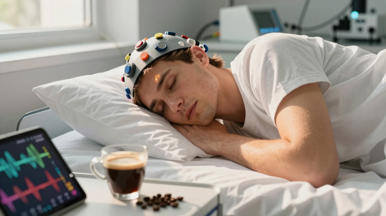 Homem a dormir com dispositivo EEG na cabeça, monitor de sinais vitais e café próximo na cama.