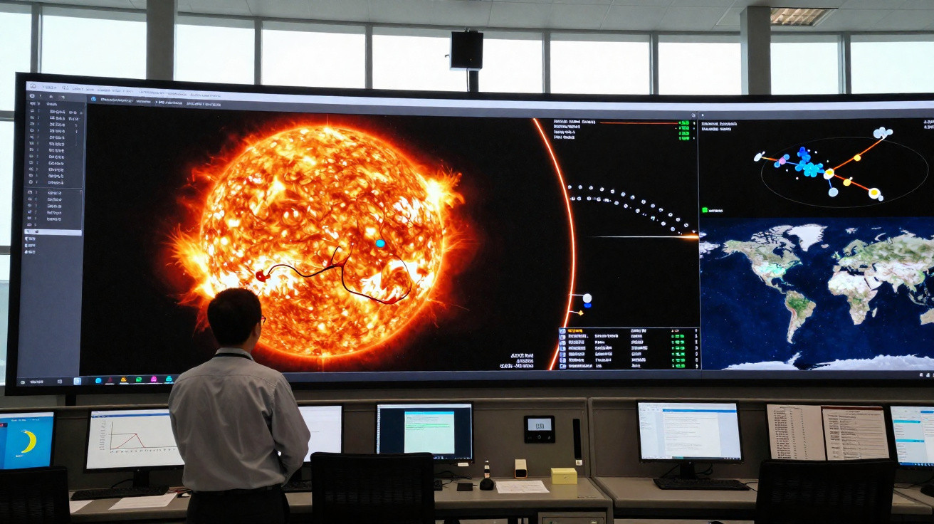 Homem observa ecrã gigante com imagens do Sol, trajectórias planetárias e mapa mundi numa sala de controlo.