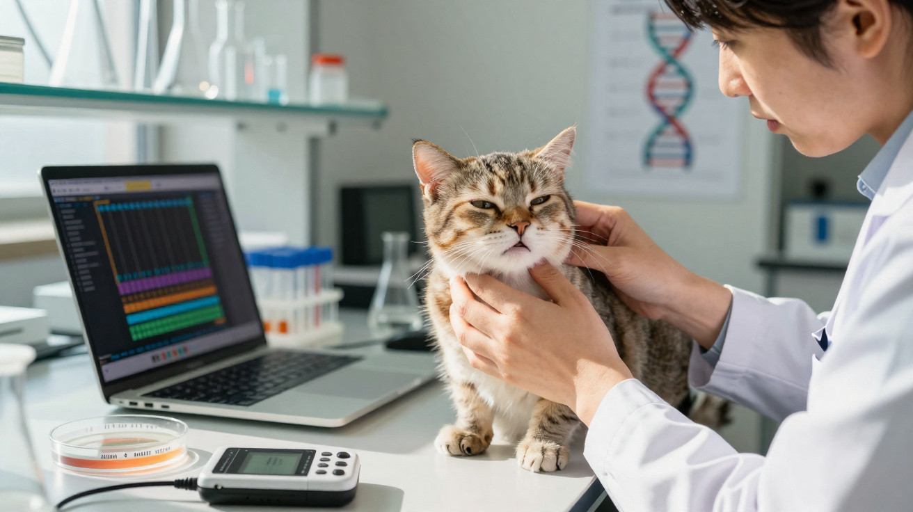 Veterinário a examinar um gato num laboratório com computador e equipamentos científicos ao fundo.