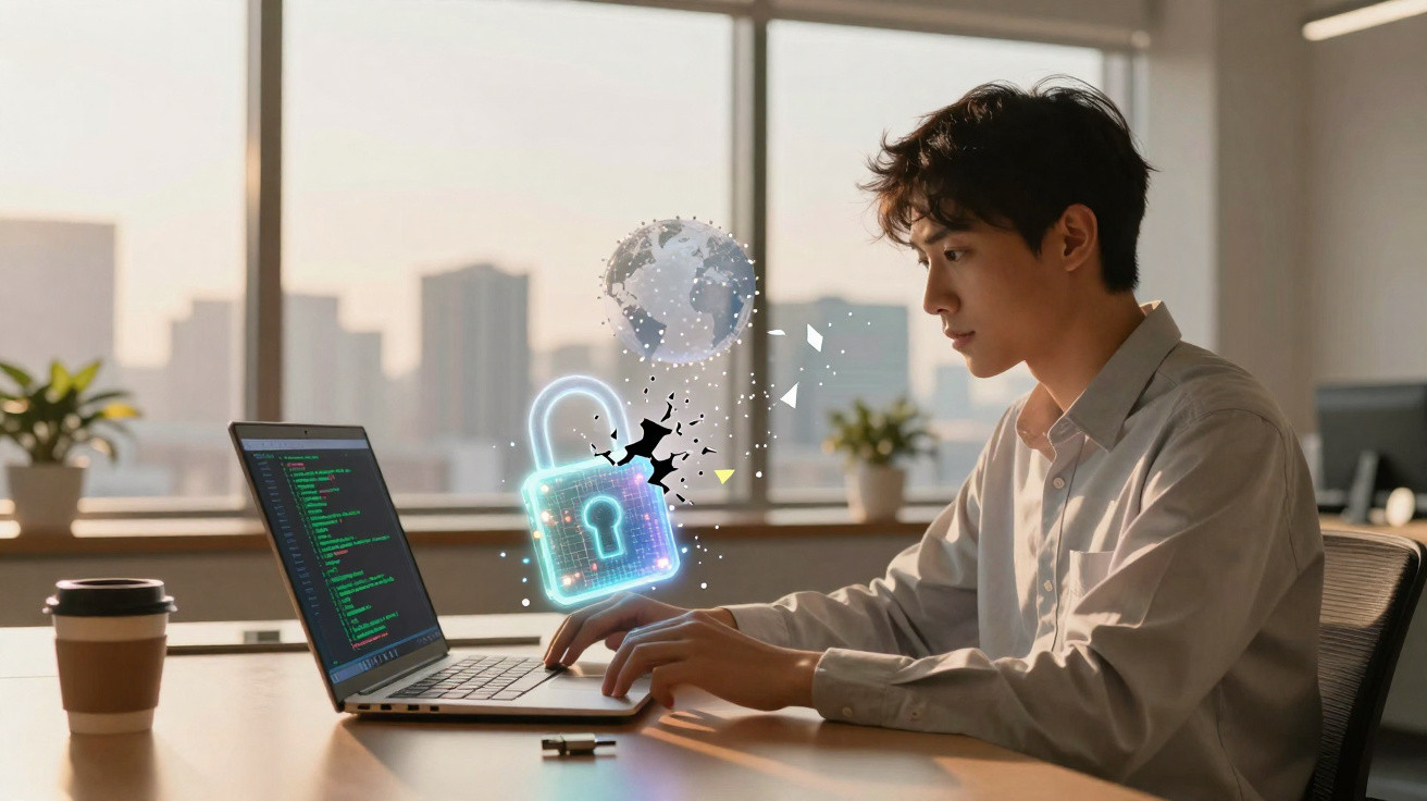 Jovem a trabalhar num portátil com código, com ilustração digital de cadeado aberto e globo virtual.