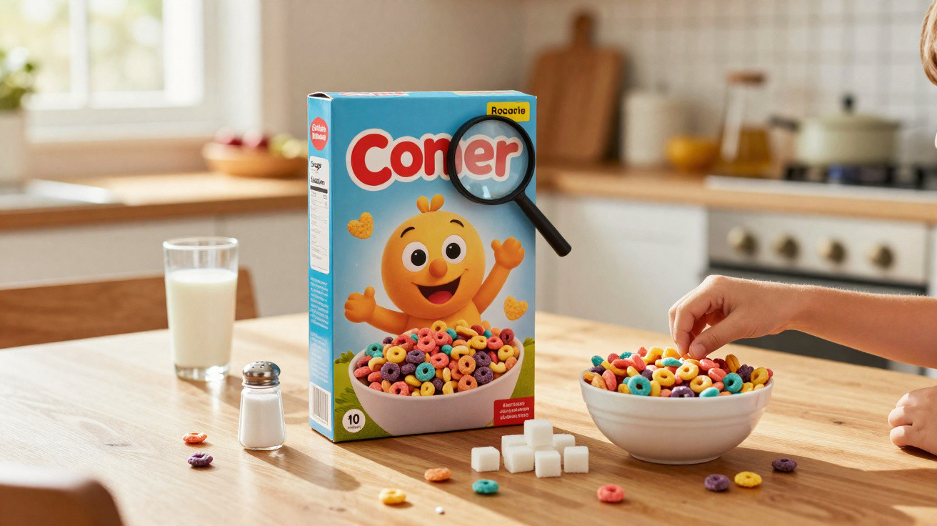 Criança a pegar cereais coloridos numa taça com caixa de cereais e copo de leite numa mesa de cozinha.
