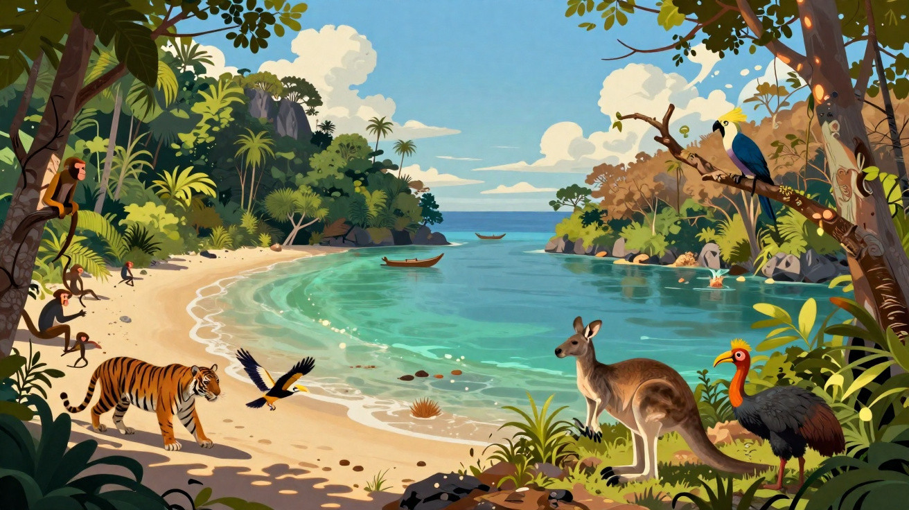 Ilustração colorida de praia tropical com animais diversos como canguru, tigre, macacos e aves.