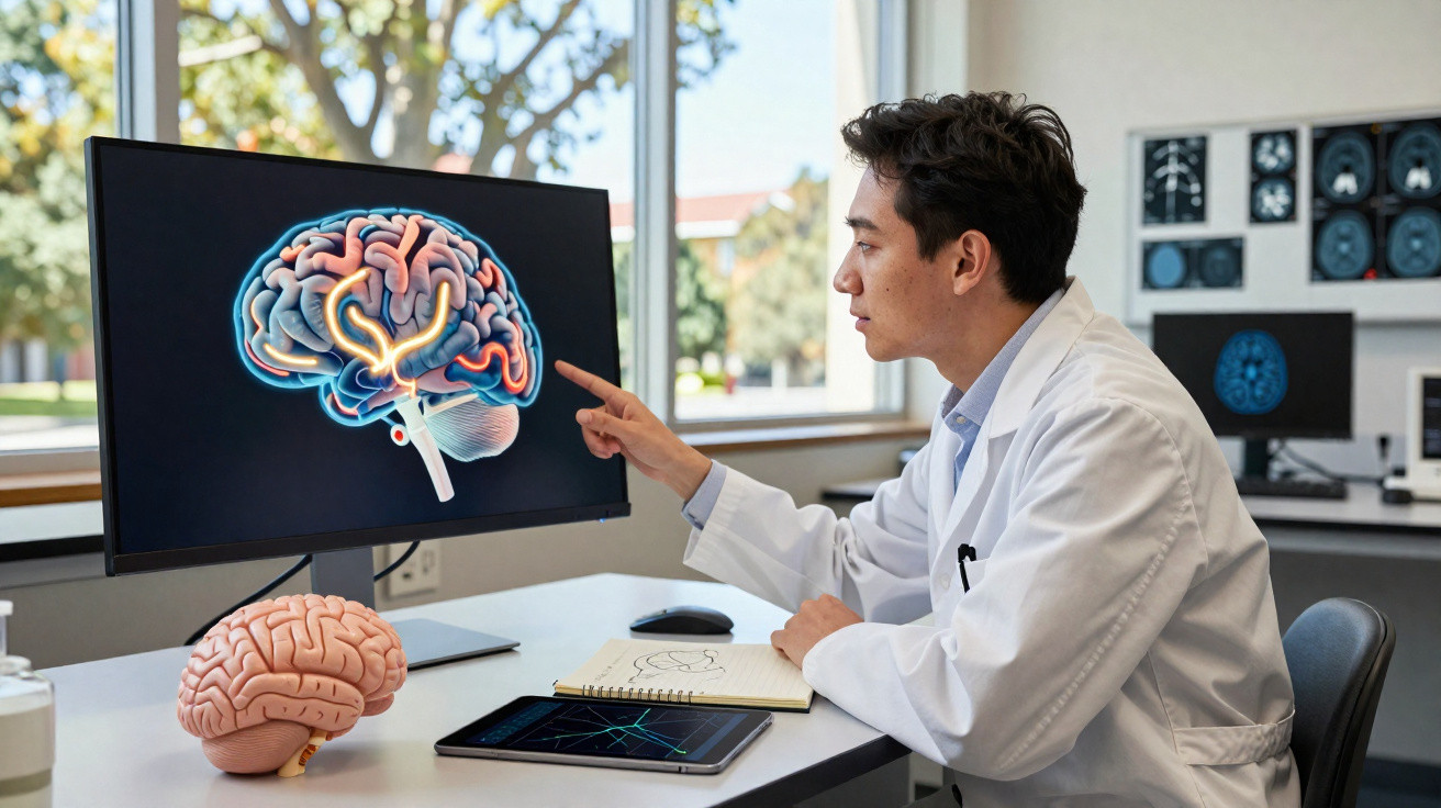Homem de bata branca analisa imagem digital do cérebro num ecrã de computador num consultório médico.
