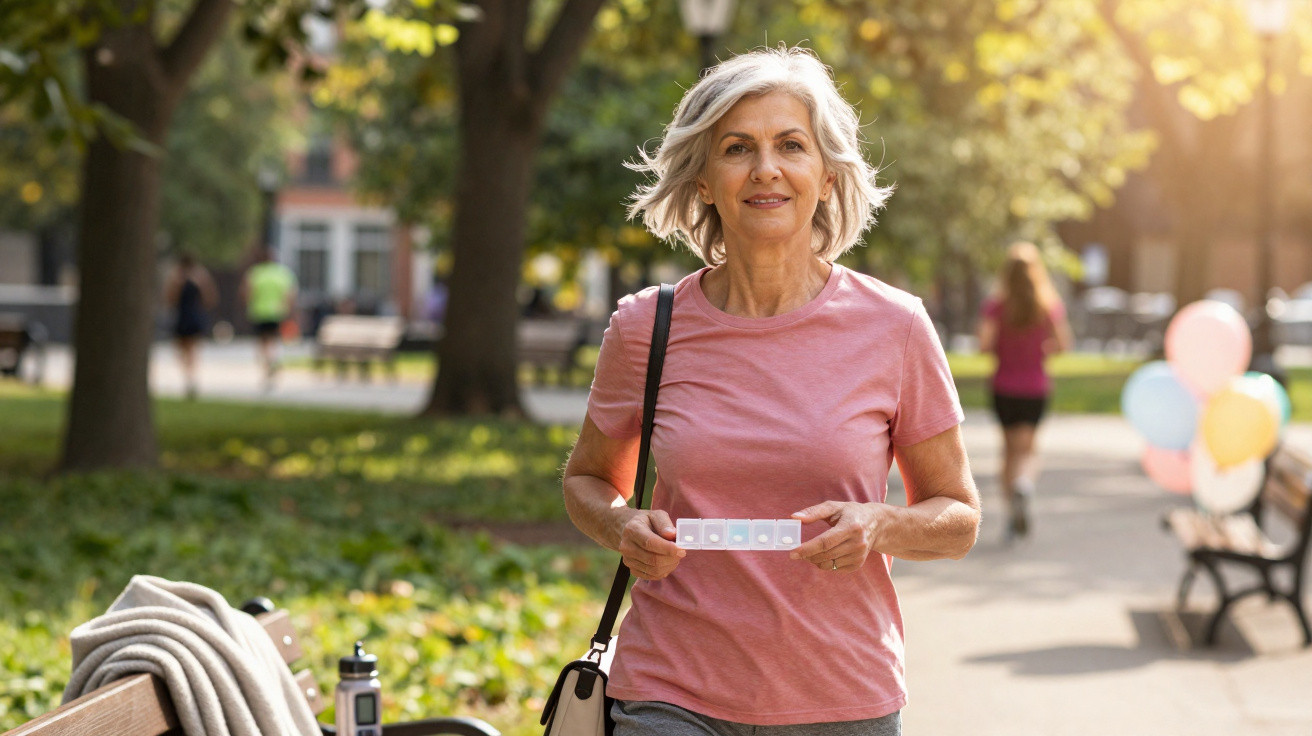 Mulher sénior sorridente num parque, vestindo t-shirt rosa e segurando caixa de comprimidos.