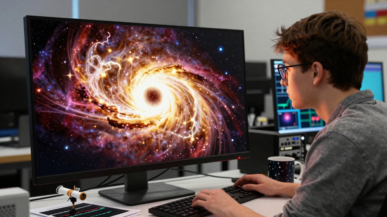 Jovem cientista observa simulação de buraco negro brilhante num ecrã de computador num laboratório moderno.