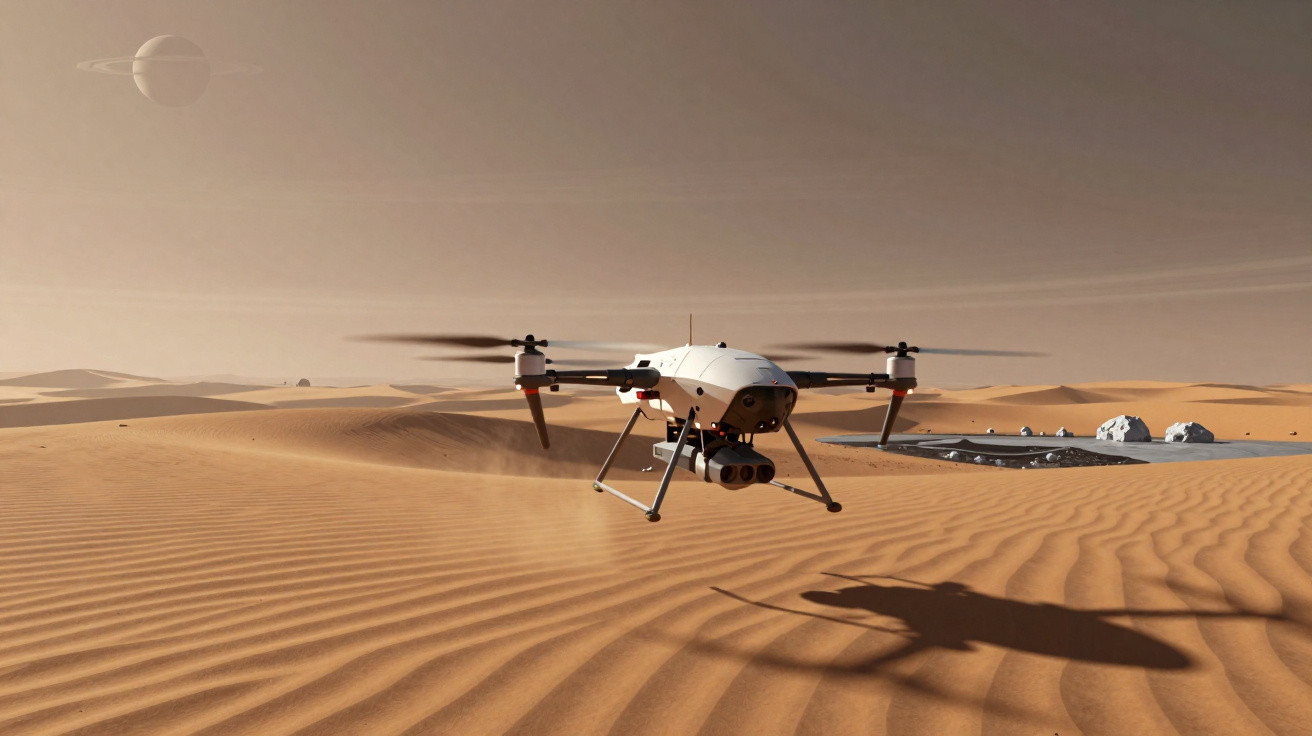 Drone a voar sobre dunas num deserto com um planeta visível no céu e crateras ao fundo.