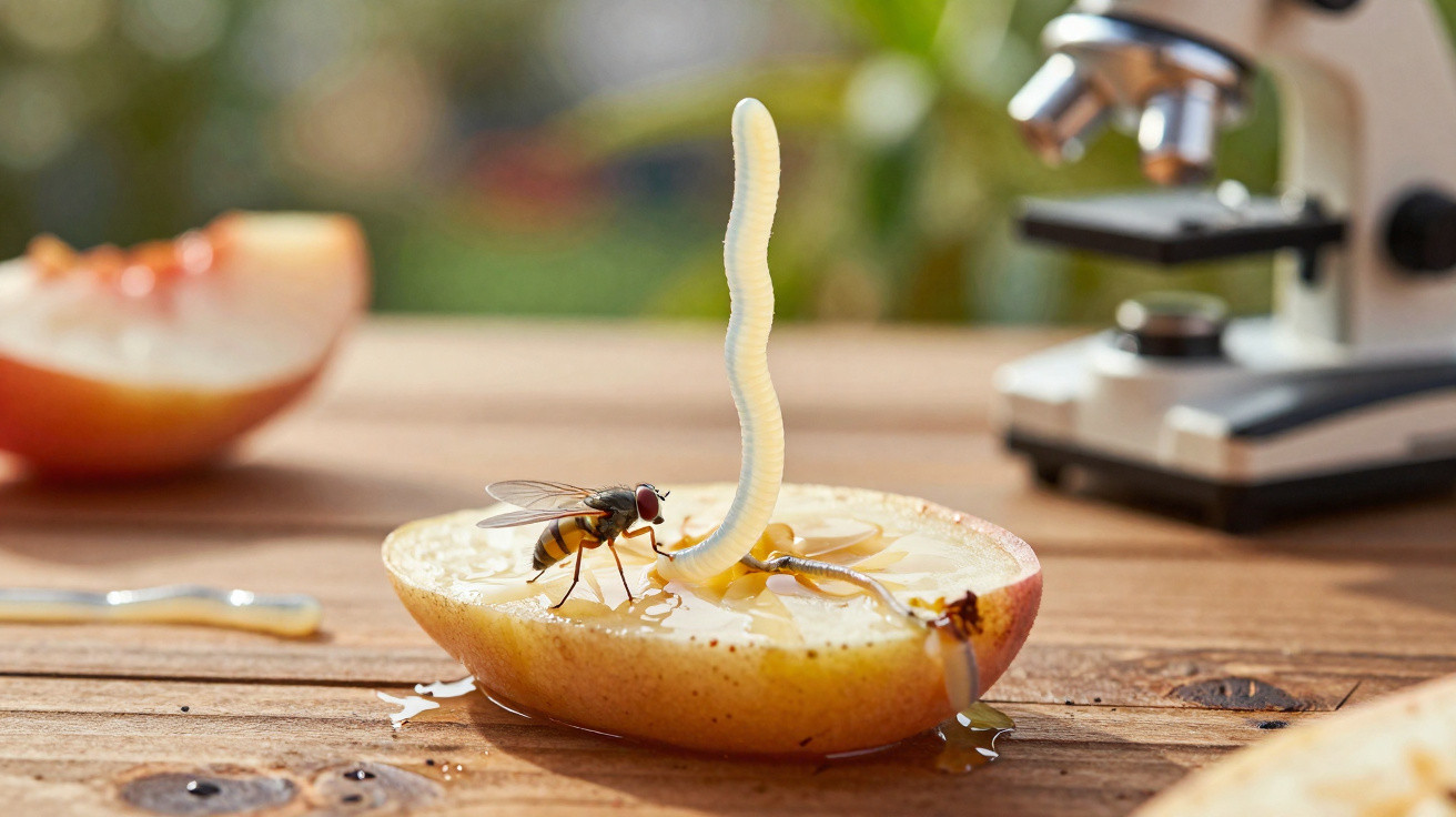 Mosca e larva numa maçã cortada, com microscópio ao fundo numa mesa de madeira.