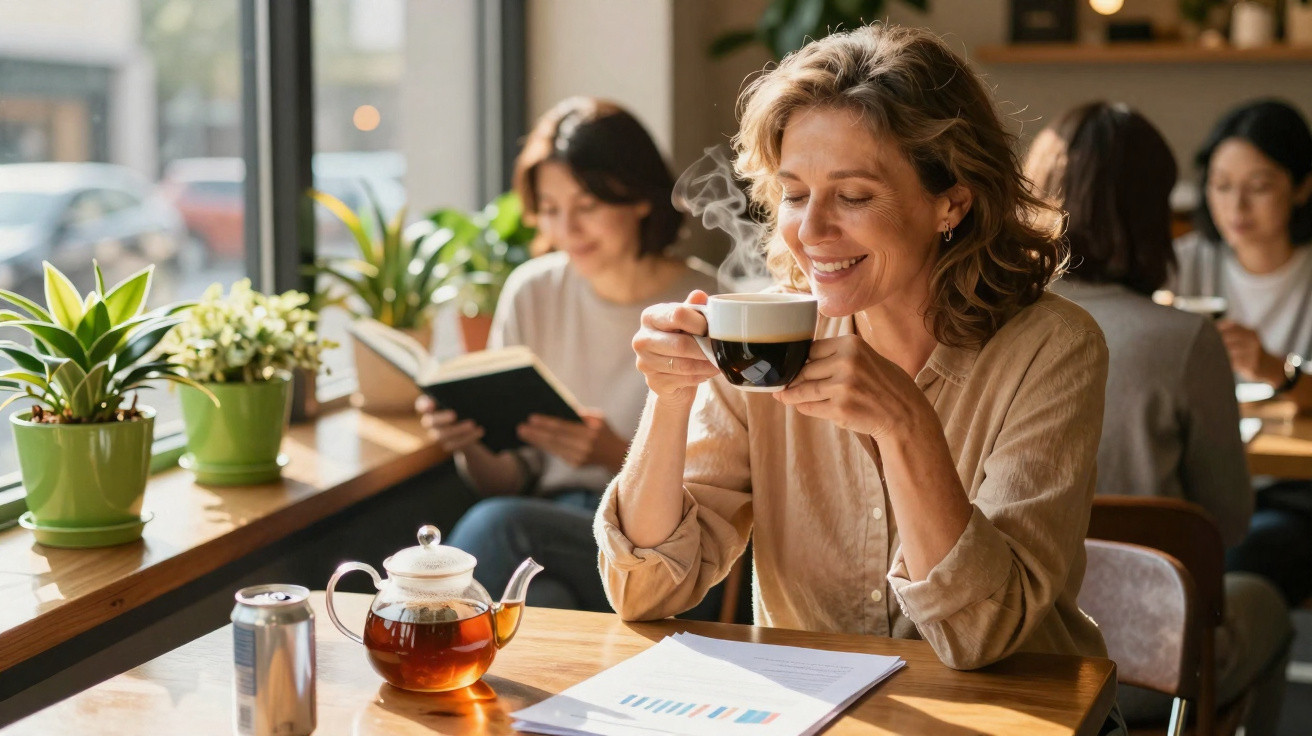 Mulher sorridente sentada numa cafetaria a apreciar chá quente, com plantas e pessoas ao fundo.