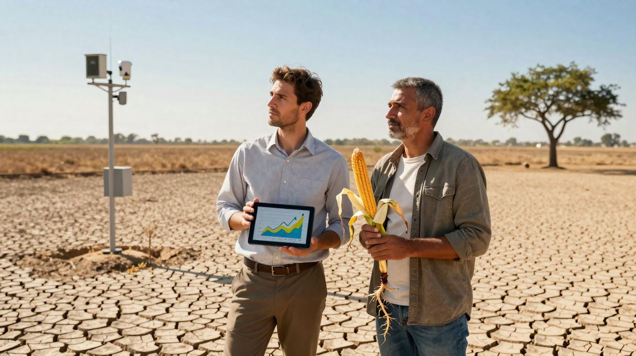 Dois homens em campo árido e seco, um segura uma espiga de milho e o outro um tablet com gráficos.
