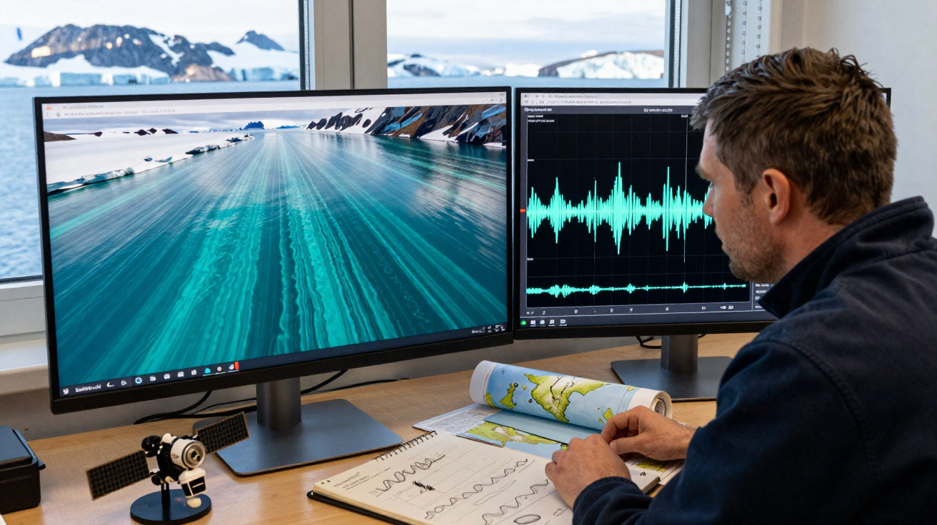 Homem trabalha com mapas e gráficos de ondas sonoras em dois monitores num escritório com vista para paisagem gelada.