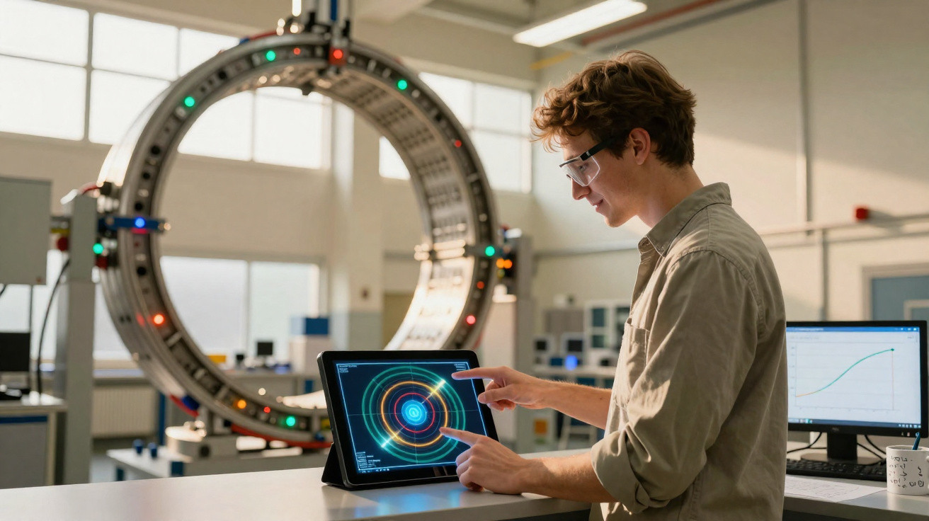 Homem jovem em laboratório interage com ecrã tátil mostrando gráfico circular colorido, com máquina tecnológica ao fundo.
