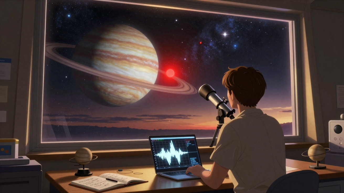 Pessoa observa o planeta Saturno com anéis através de um telescópio numa sala com vista espacial.