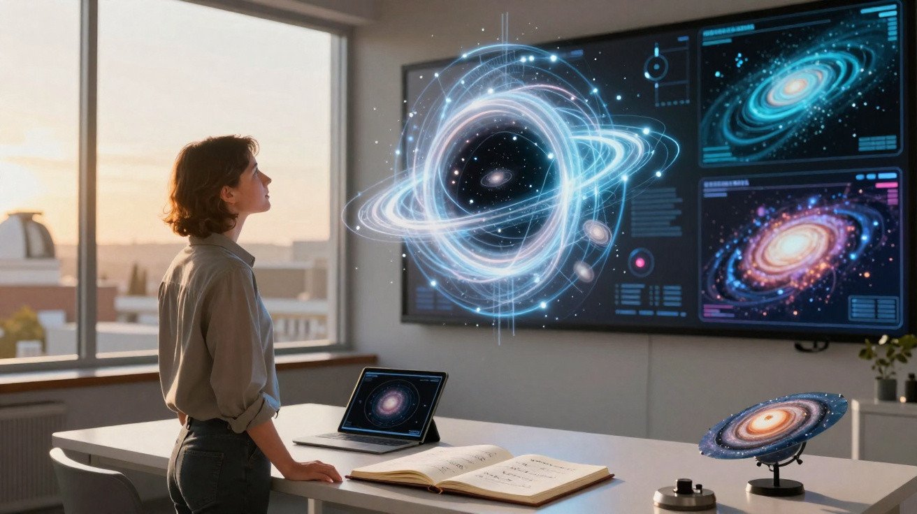 Pessoa a observar projeção holográfica de galáxia num ambiente moderno de estudo ou trabalho.