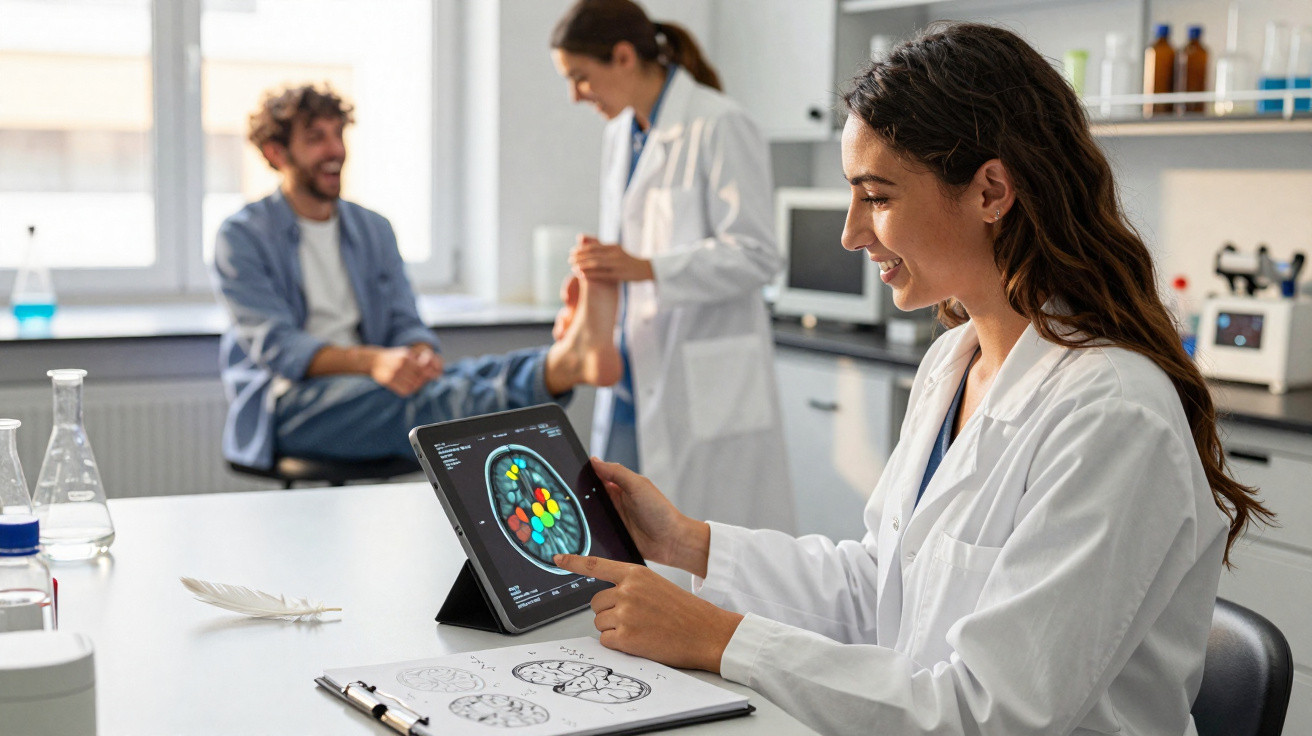 Mulher médica analisa imagem cerebral em tablet enquanto colega examina pé de paciente em laboratório.