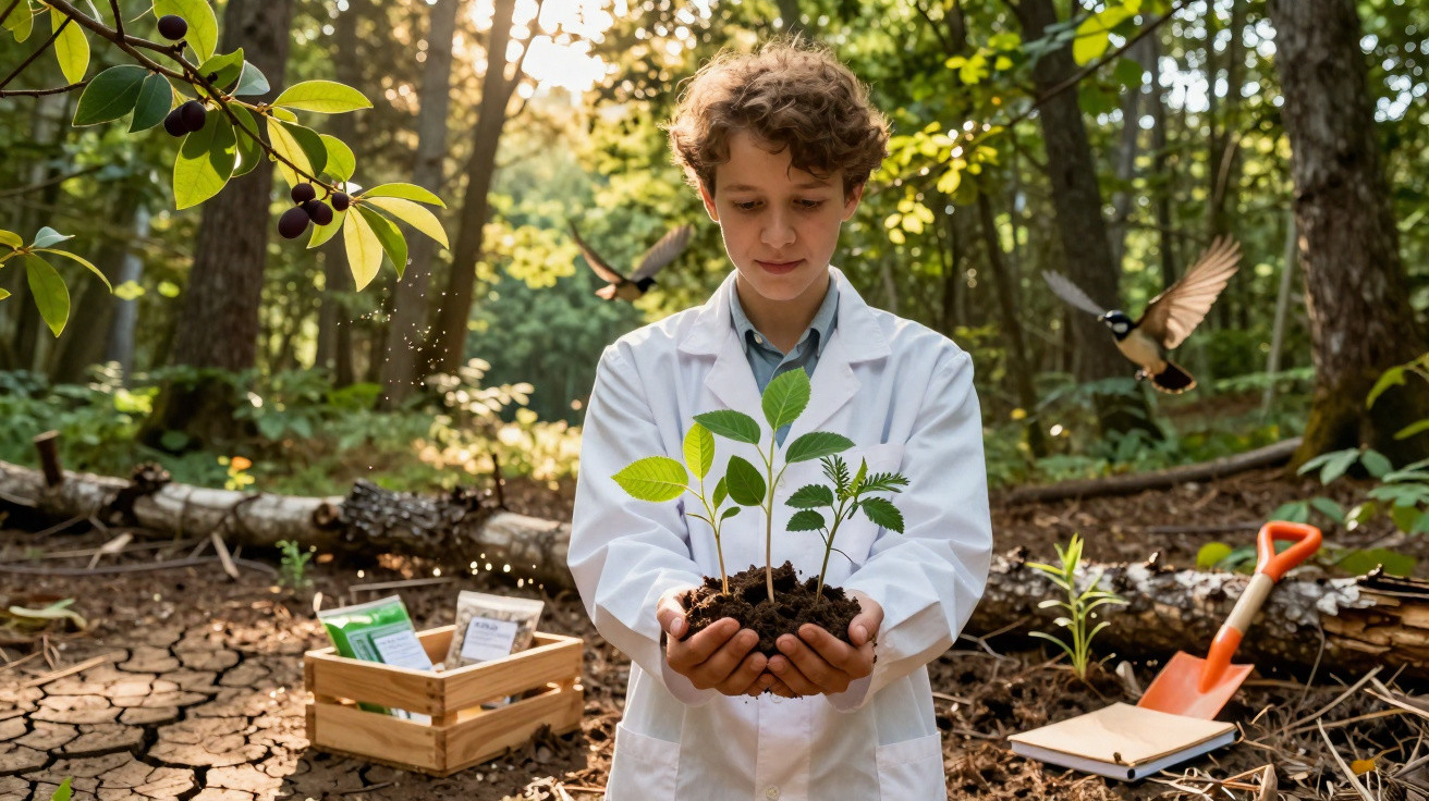 Criança com bata branca segura plantas jovens na floresta, rodeada por pássaros e material de jardinagem.