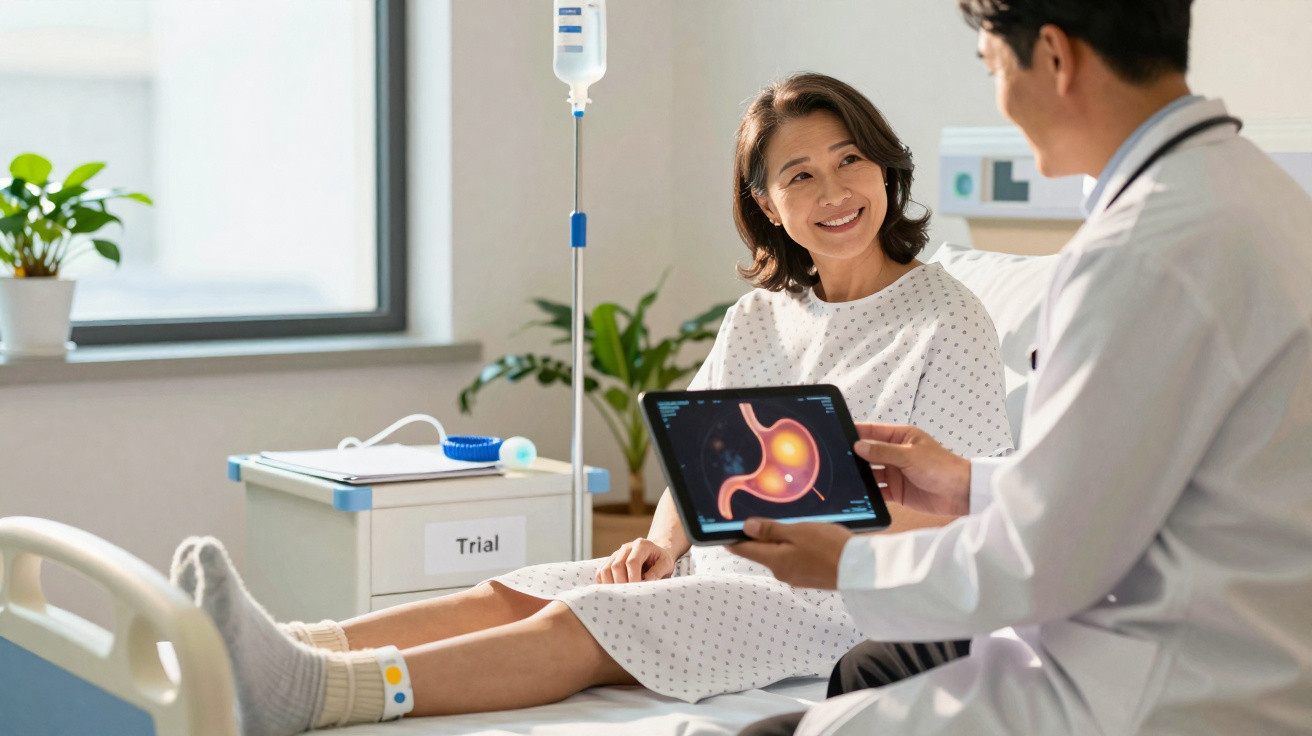 Paciente feminina sorridente na cama do hospital enquanto médico mostra imagem do estômago num tablet.