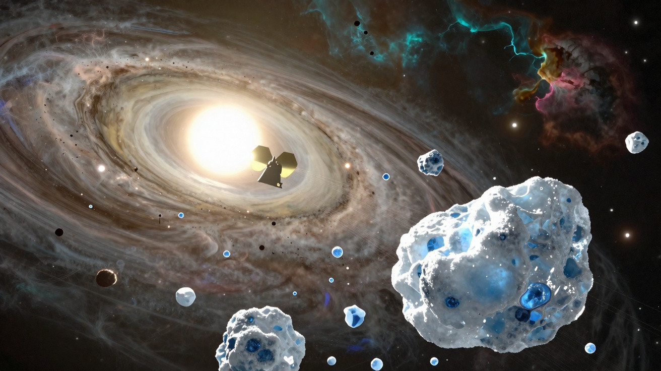 Sonda espacial em órbita próxima de um aglomerado de asteroides em redor de uma estrela brilhante.