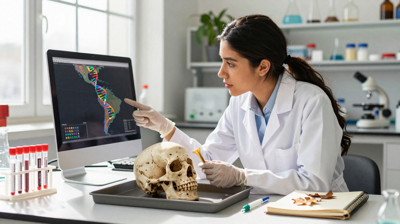 Cientista em laboratório analisa dados de DNA no computador com crânio humano e amostras à sua frente.