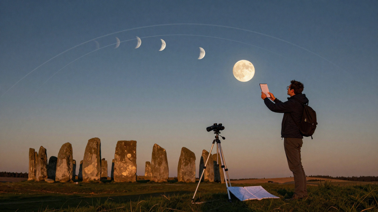 Homem a observar a evolução da lua cheia perto de pedras megalíticas ao pôr do sol.