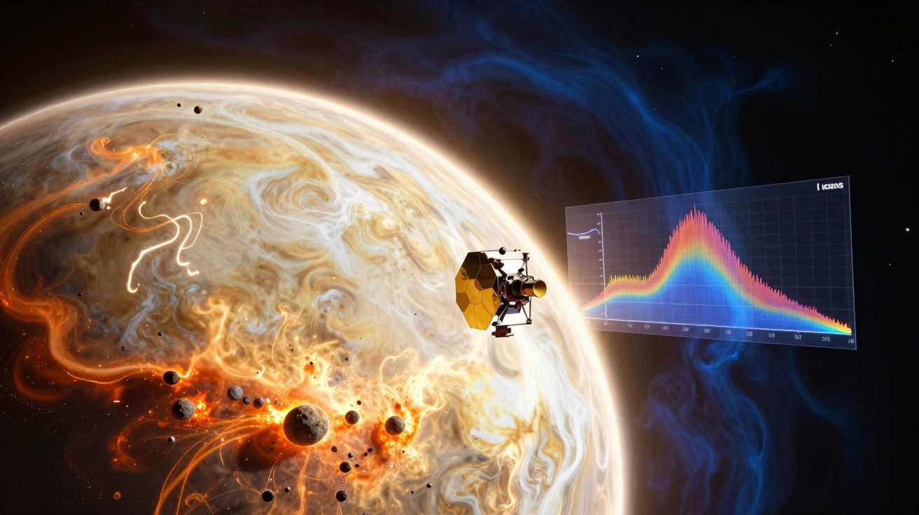 Sonda espacial analisa a atmosfera de um planeta gigante com vários corpos pequenos em erupção ao redor.