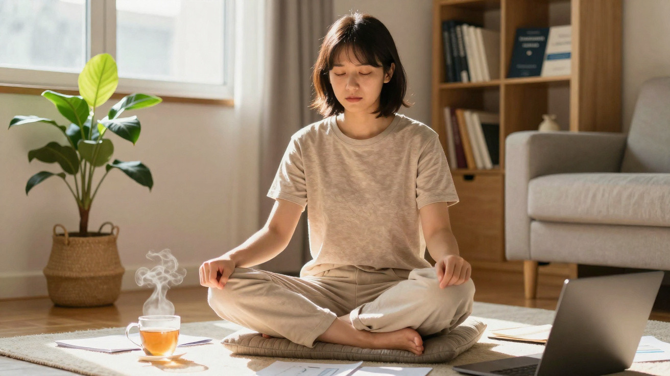 Pessoa sentada em posição de meditação no chão, rodeada por chá, documentos e computador portátil.