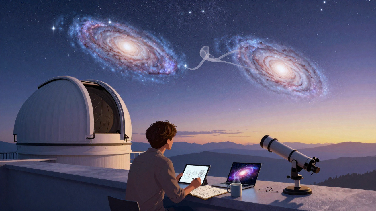Pessoa a observar e desenhar galáxias no céu ao entardecer, com telescópio e observatório ao lado.