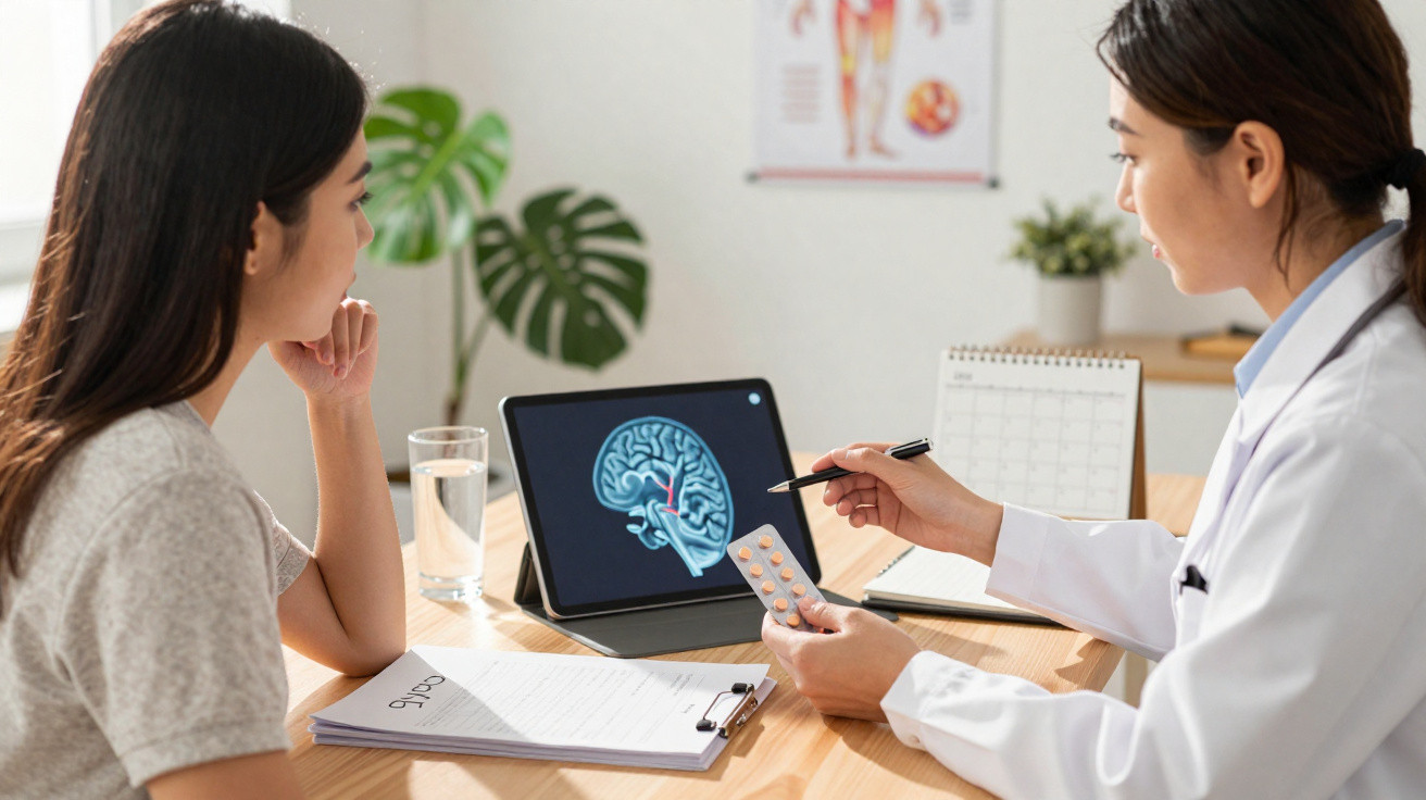 Consulta médica entre médica a explicar um tratamento com ilustração do cérebro no tablet e comprimidos na mão.