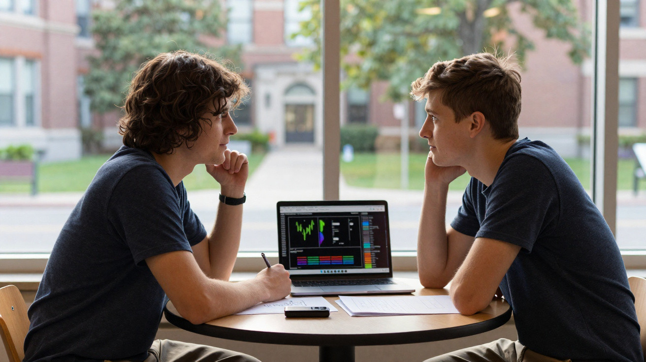 Dois jovens sentados à mesa a analisar gráficos financeiros num computador portátil.
