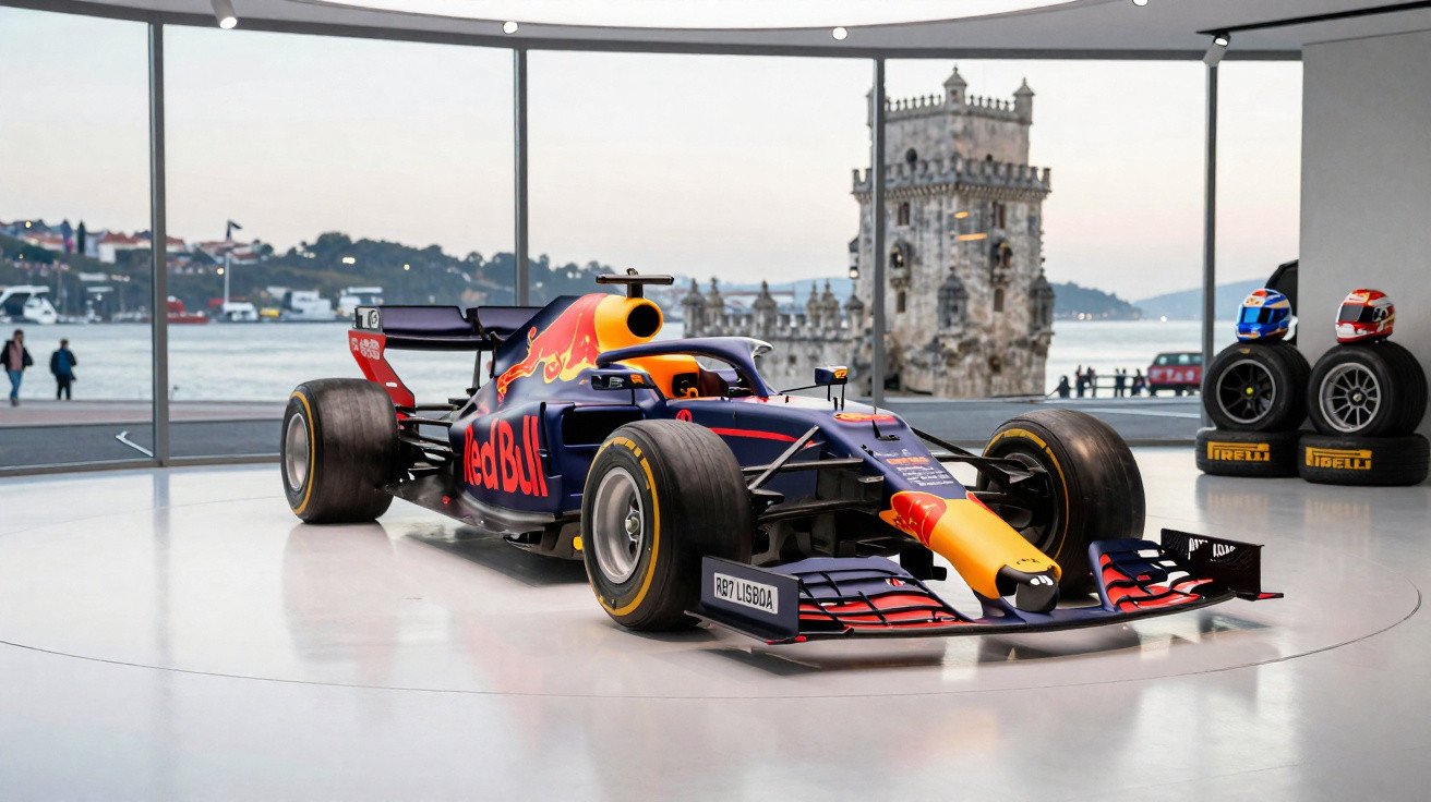 Carro de Fórmula 1 Red Bull exposto em espaço moderno com vista para a Torre de Belém em Lisboa.