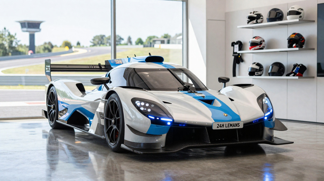 Carro de corrida branco e azul em exposição numa sala com capacetes nas prateleiras.
