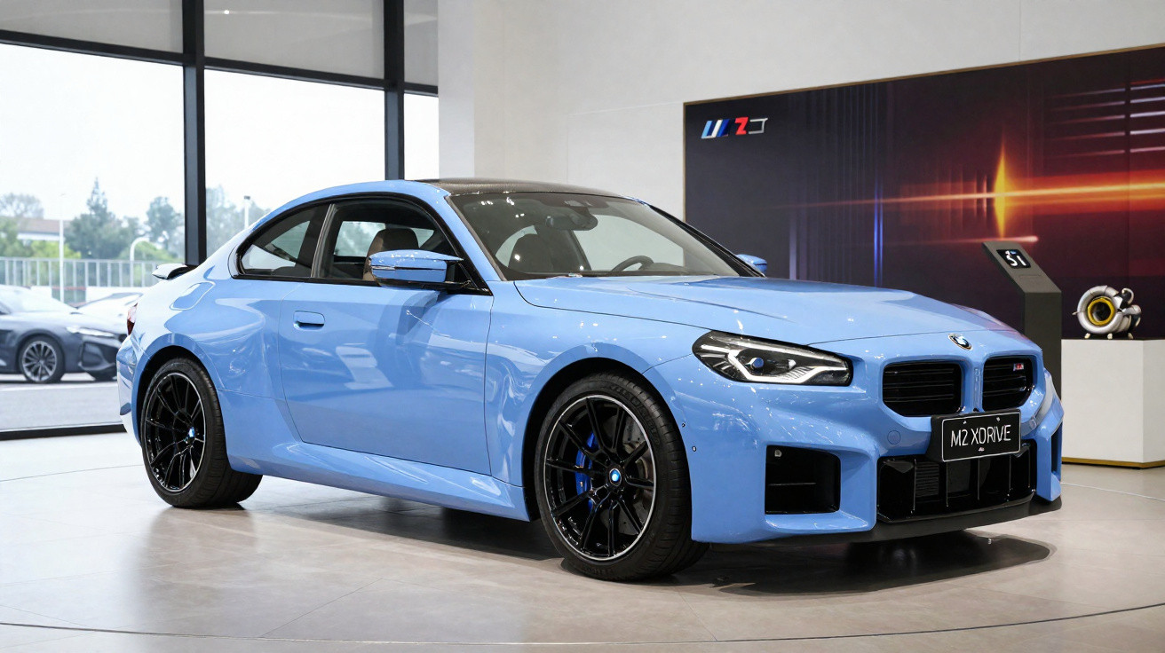 Carro desportivo BMW M2 xDrive azul exposto num showroom moderno com grandes janelas.