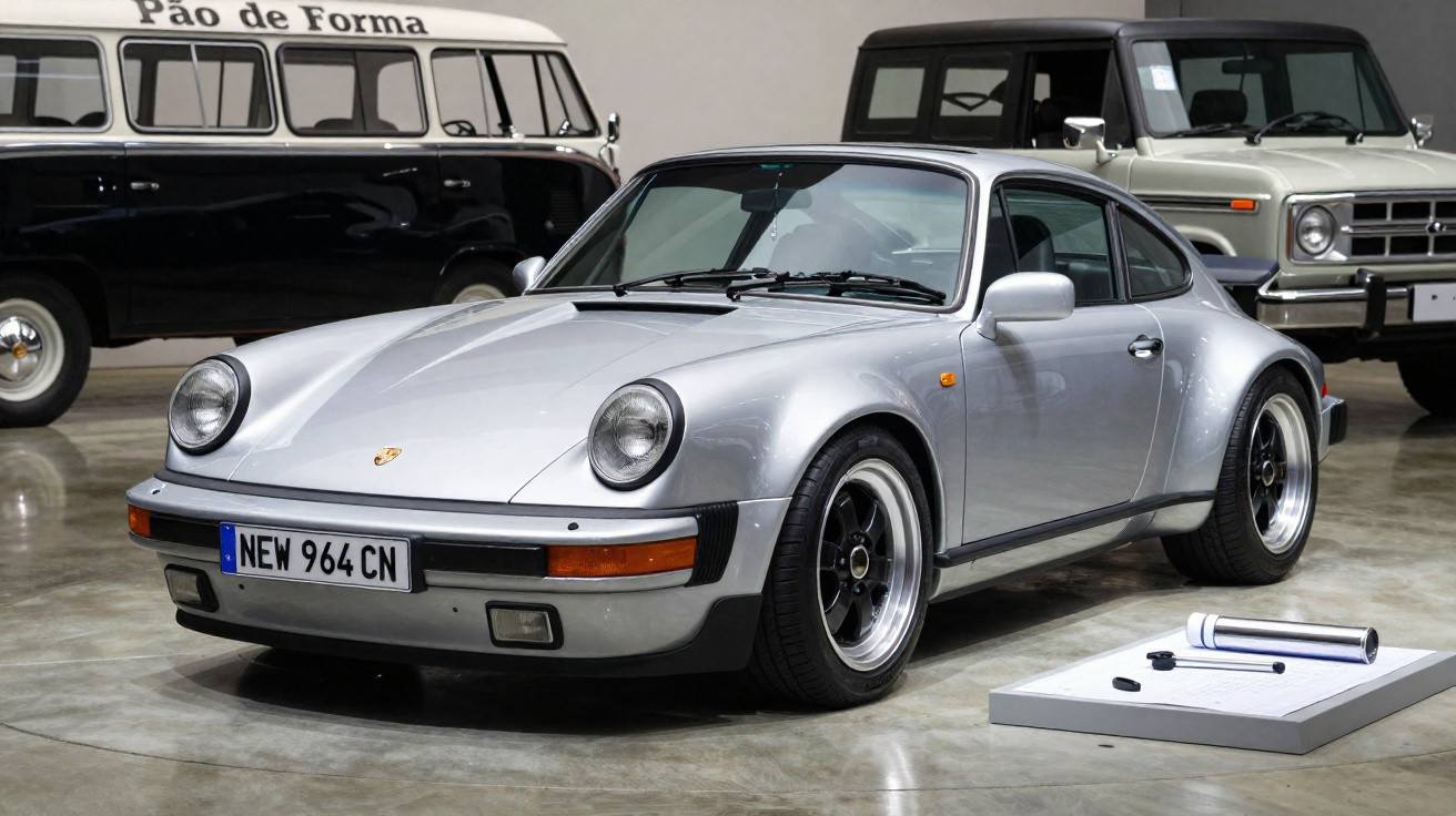 Carro desportivo clássico Porsche 911 prata estacionado em chão interior, com veículos antigos ao fundo.